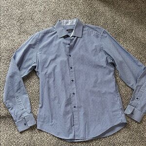 Men's VanHeusen Blue Checkered Button Down Shirt | Gingham Print | Blue & White